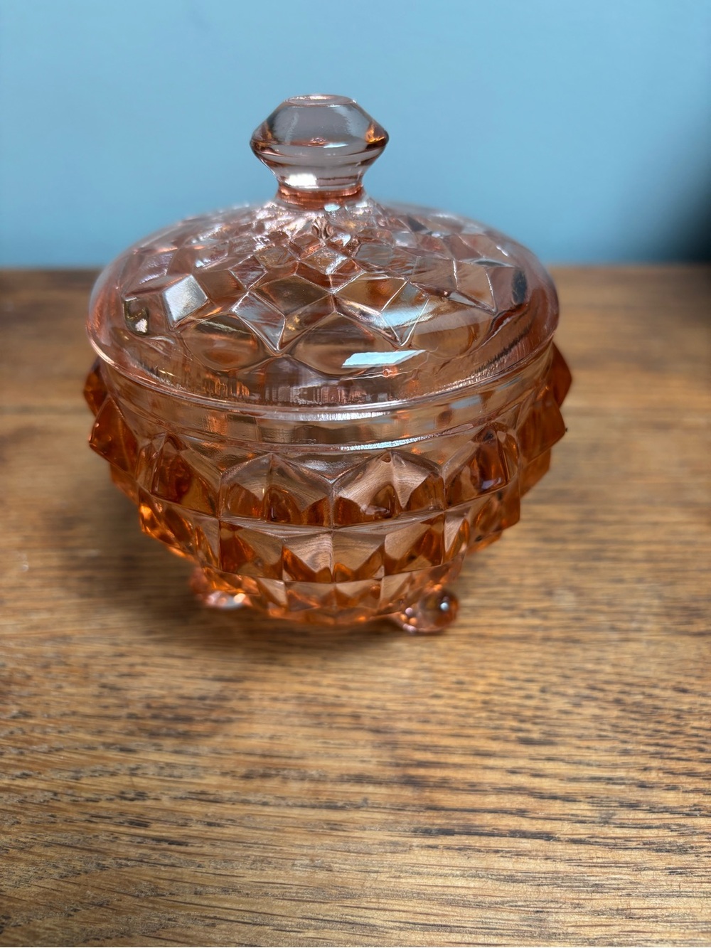 Vintage Jeanette Pressed Glass Covered Powdered Jar- Pink Peach Depression Glass